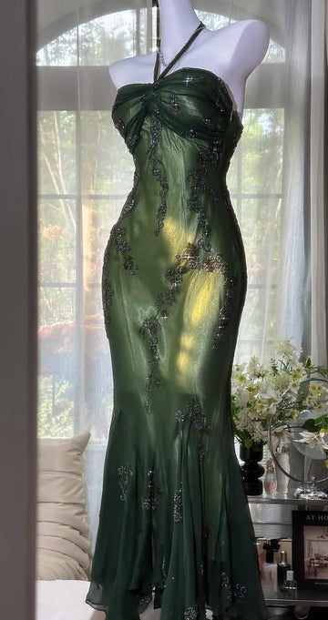 Niulatu Halter Mermaid Long Prom Dresses Chiffon Beaded Dark Green Long Formal Dresses HZ1026